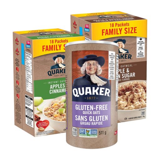 【Flash Sale + Free Shipping】QUAKER Maple & Brown Sugar Family Pack Instant Oatmeal (18 Packets x 43 g)+Apples & Cinnamon Family Pack Instant Oatmeal (18 Packets x 33 g)+Gluten-Free Quick Oats, 511 g