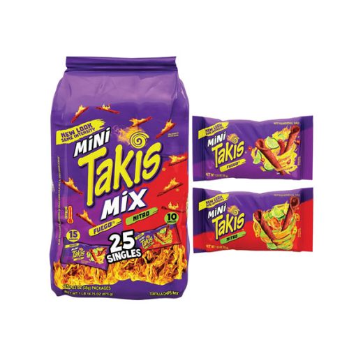 【2025 Flash Sales+ Free Shipping】Takis 30.75 Ounces 25 Individual Snack Packs Hot Chili Pepper and Lime Artificially Flavored Mini Fuego and Nitro Rolled Tortilla Chips - 1.23 Ounces Each