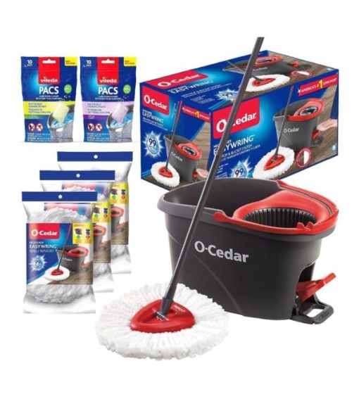 【Exclusive for new TK users】O-Cedar EasyWring Microfiber Spin Mop & Bucket Floor Cleaning System + 4 Extra Refills, Red/Gray