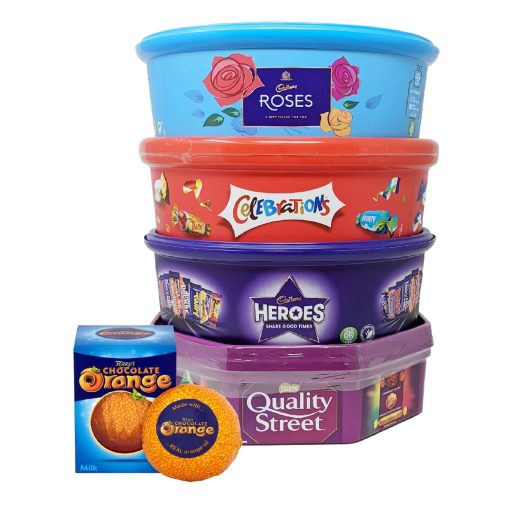 【First Order Discount】Assorted Christmas Chocolate Tubs Selection - Pack of 5 - Bulk Buy of Roses, Heroes, Quality Street, Celebrations Chocolate Pralines & 1 Terry's Orange Chocolate with Topline Card for Chocolate Gifts
